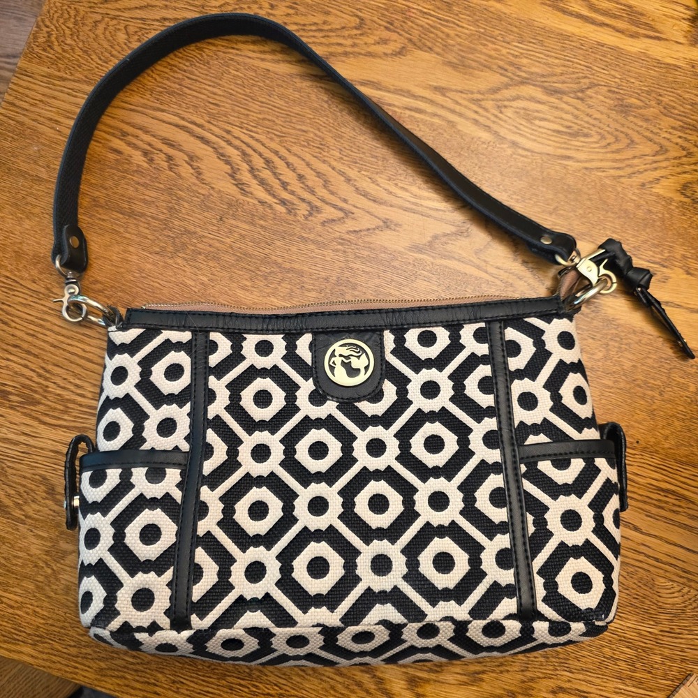 Spartina‎ 449 Black White Geometric Linen Leather Shoulder Bag Daufuskie Island